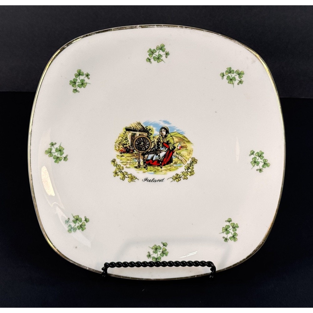 Arklow Fine Irish Bone China Plate Spinning Wheel Shamrock Gold Rim 8.25"